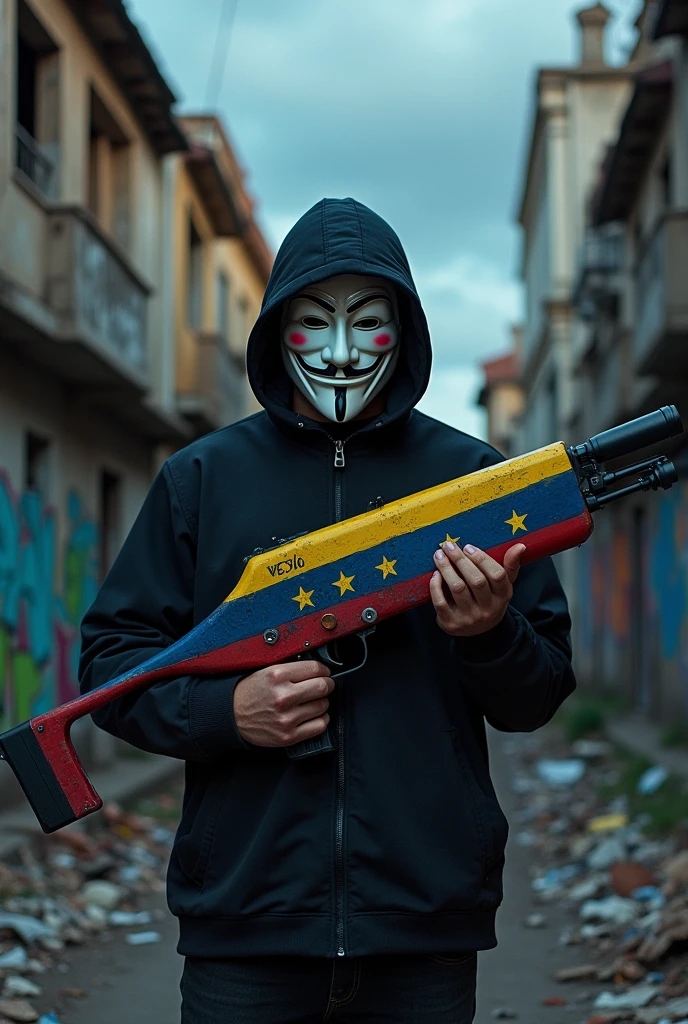 Man with an Anonymous mask and a bazooka painted with Venezuela