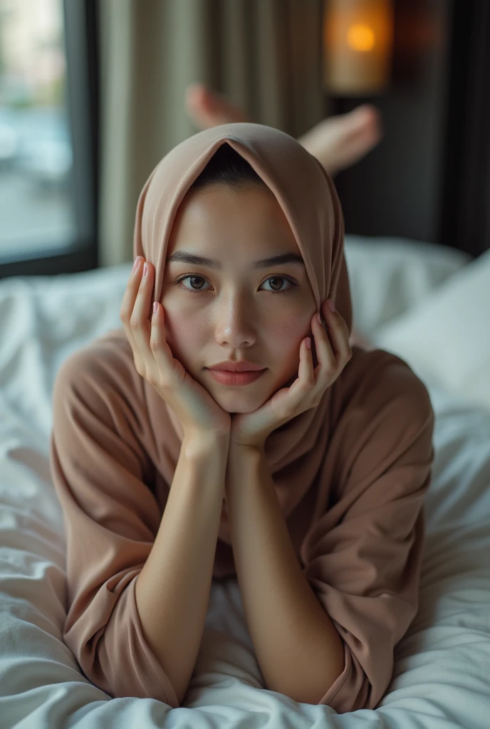 NSFW (masterpiece, top quality, best quality, extreme detailed, colorful, highest detailed, Dreamy Atmosphere, Bright color, real photo, real skin. Hyper realistic, 1girl, Malaysian young girl, wearing hijab , looking sharp to the viewer, making orgasm face, making horny face, detailed skin, city street background, slender body, lie down above view on a hotel's bed, ((open legs, M-legs position:1.5)), showing vagina, morning time, small breasts. She's naked, freely pose, soft front studio lighting, whole full body