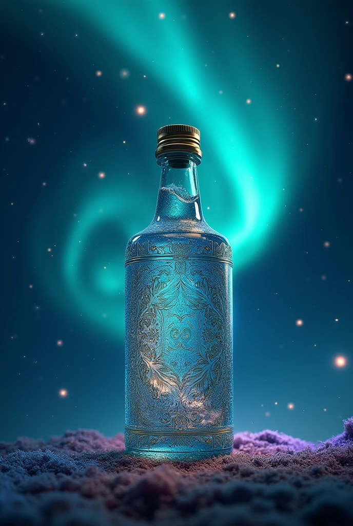 aquarius,Mysterious Blue Starry Sky,Aurora colored galaxies,An ancient magical water bottle ((European style))