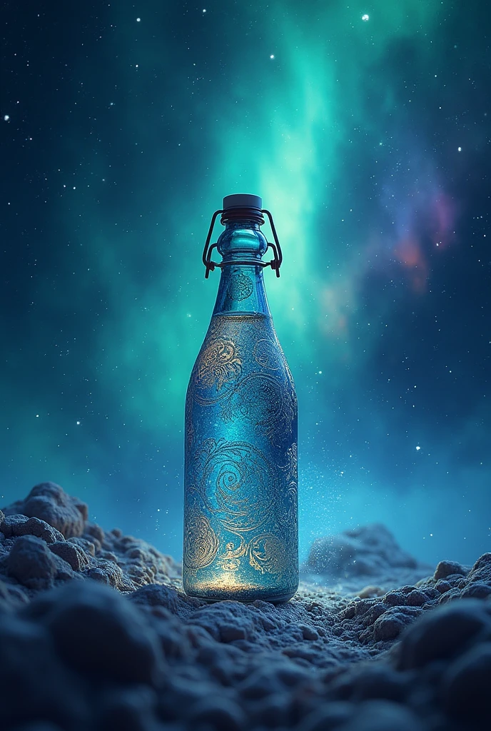 aquarius,Mysterious Blue Starry Sky,Aurora colored galaxies,An ancient magical water bottle ((European style))
