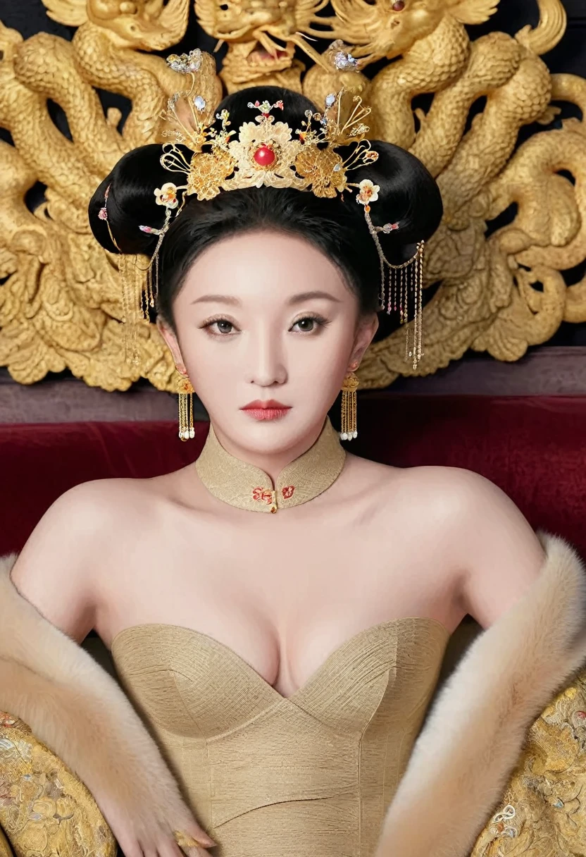 A lavish Empress from the Qing Dynasty era in China, seated on a large golden sofa, completely naked, with her large breasts and massive buttocks protruding as she faces away, her face visible.(Porn Pose) A gorgeous Chinese imperial empress with her hair tied on both sides and wearing a crown、Background of kinky and erotic woman tying her hair、The story is set in the luxurious rooms of an empress in the Chinese imperial court during the Qing dynasty.。