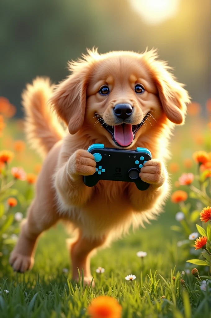 a smiling golden retriever dog playing nintendo switch, 1dog, highly detailed, 8k, photorealistic, vibrant colors, natural lighting, warm tones, lush environment, beautiful detailed fur, expressive eyes, adorable smile, nintendo switch controller in paws, dynamic action pose, playful atmosphere