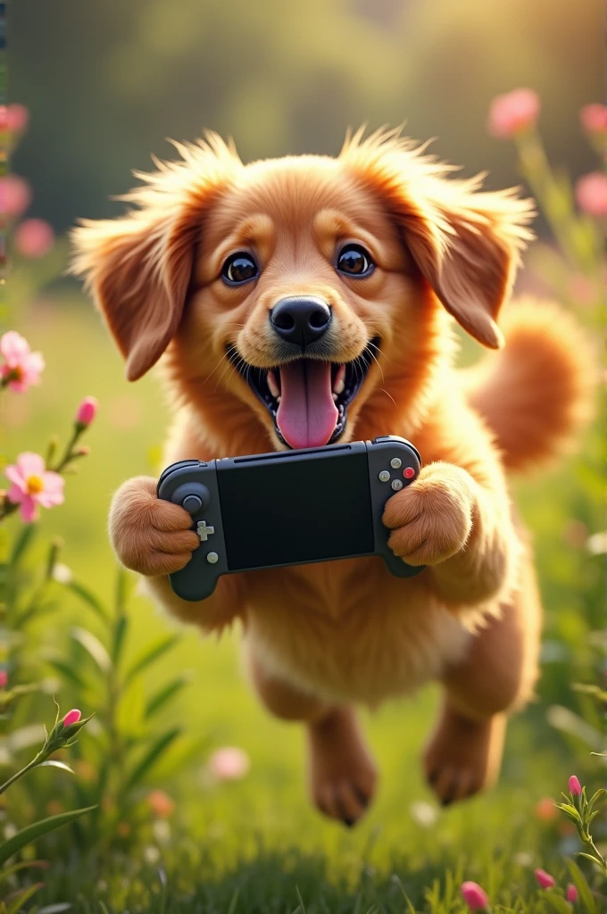 a smiling golden retriever dog playing nintendo switch, 1dog, highly detailed, 8k, photorealistic, vibrant colors, natural lighting, warm tones, lush environment, beautiful detailed fur, expressive eyes, adorable smile, nintendo switch controller in paws, dynamic action pose, playful atmosphere