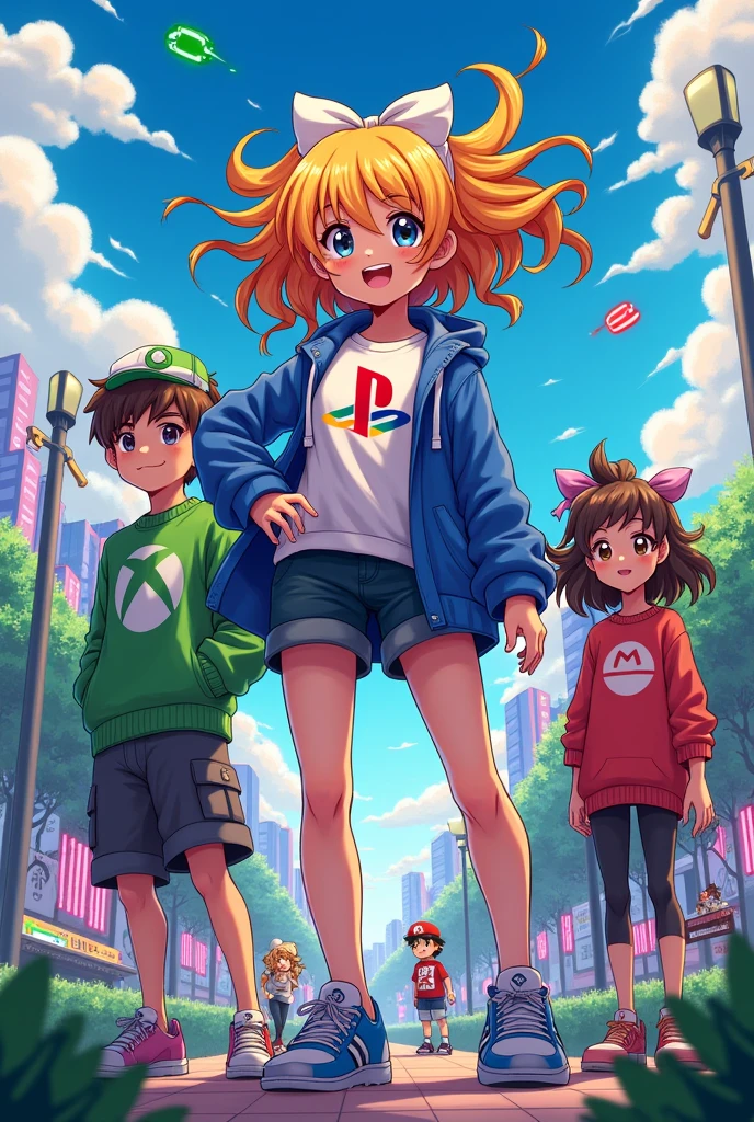 Une fille le logo PlayStation. I'm with a boy who wears the Xbox logo, a girl who wears the Nintendo logo, and a boy friend who wears the Steam logo, manga version.