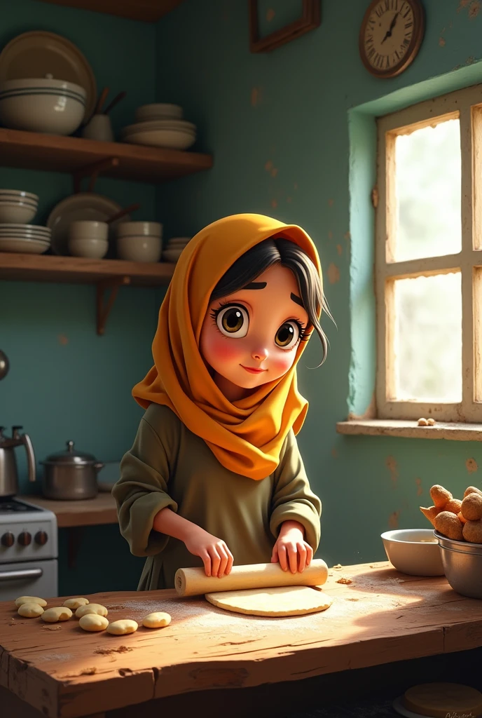 cartoon hijabi girl making a roti in poor kitchen while she is crying
