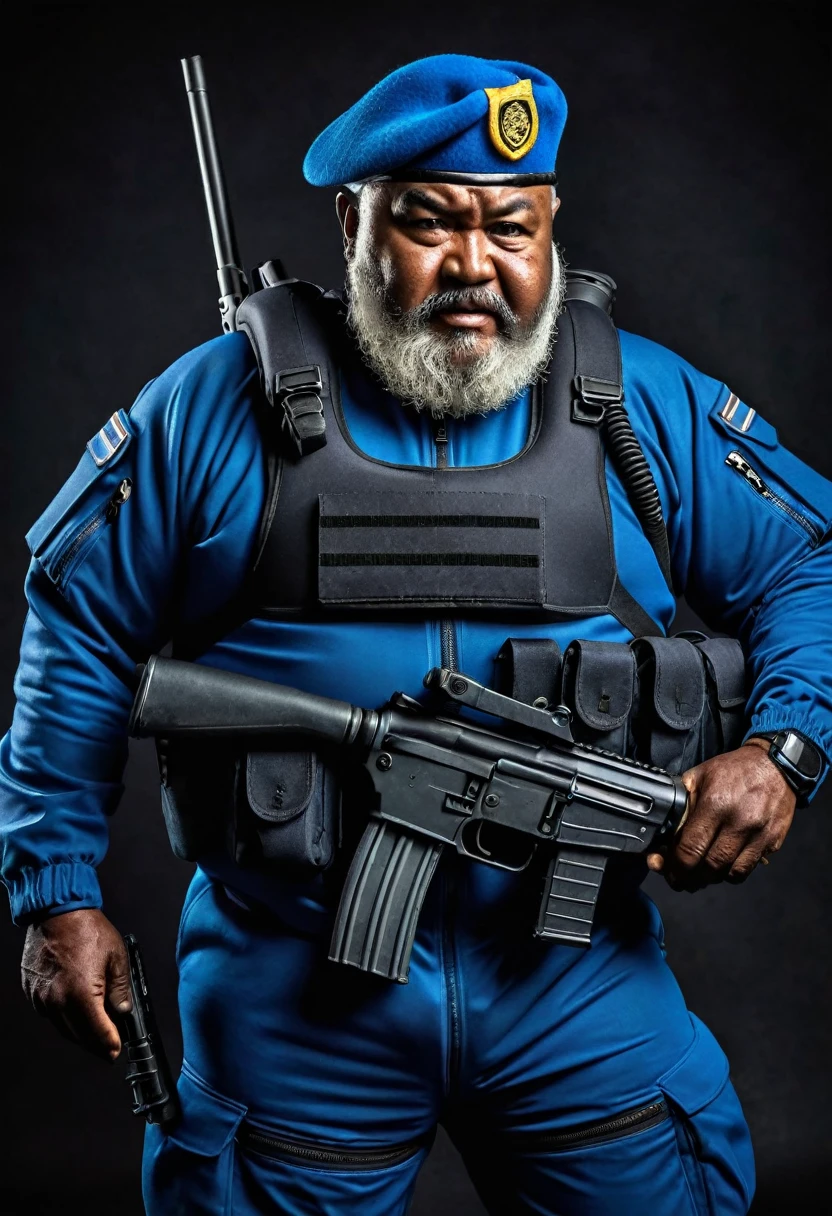 (a dark-skinned bearded fat old man in a bulky blue zipper diver suit) carrying a gun and (wearing army beret), muscular, Basuki Abdullah, sumatraism, action, a character portrait, heroic, fierce, snarling, ultra-detailed, best quality image