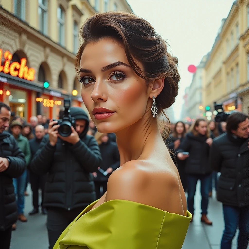 High-quality realistic acrylic art, vivid colors, photo of beautiful  woman, (bckygrebmargom), (on a Moscow street:1.1), perfect hair, hair upsweep updo, wearing sexy Chartreuse (shoulder sash), (paparazzi in background:1.1), (face focus), modelshoot style, (extremely detailed CG unity 8k wallpaper), professional majestic (photography by ansel adams:1.1), 24mm, exposure blend, hdr, extremely intricate, High (Detail:1.1), dramatic, soft cinematic light, (looking at viewer), (detailed pupils), 4k textures, soft cinematic light, elegant, ((((cinematic look)))), soothing tones, insane details, hyperdetailed,light natural tones , pencil drawing , watercolor drawing, portrait of a woman, detailed eyes, beautiful , highly detailed, soft color tones, soft lighting, detailed lines, sharp, realistic, brush strokes, light hints of paint drips