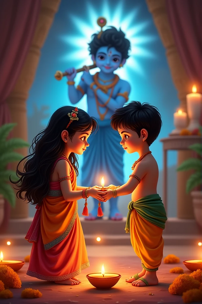 A sister tying Rakhi on her brother's right hand's wrist and lord Krishna blessing them in the back
