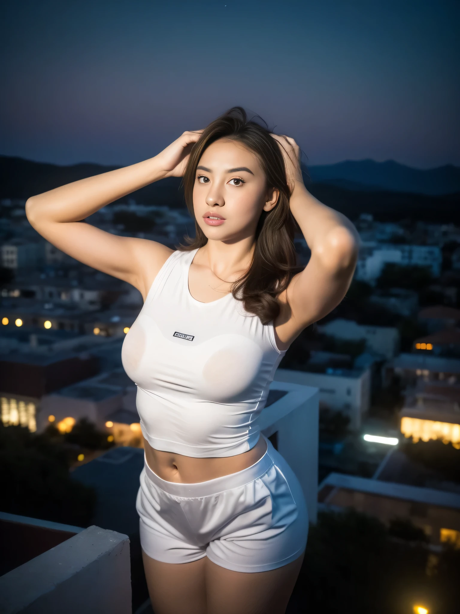 1girl, (uniform), standing, outdoors, night view, detailed Metropolitan city at the background, (above head shot: 1.4), detailed face, detailed eyes, brunette, big breasts, smooth realistic skin, semi-curvy body, cyan tanktop, thin hot pants, looking at the audience, (8k, RAW photo, best quality, masterpiece: 1.2), (realistic, realistic: 1.37), ultra-high resolution