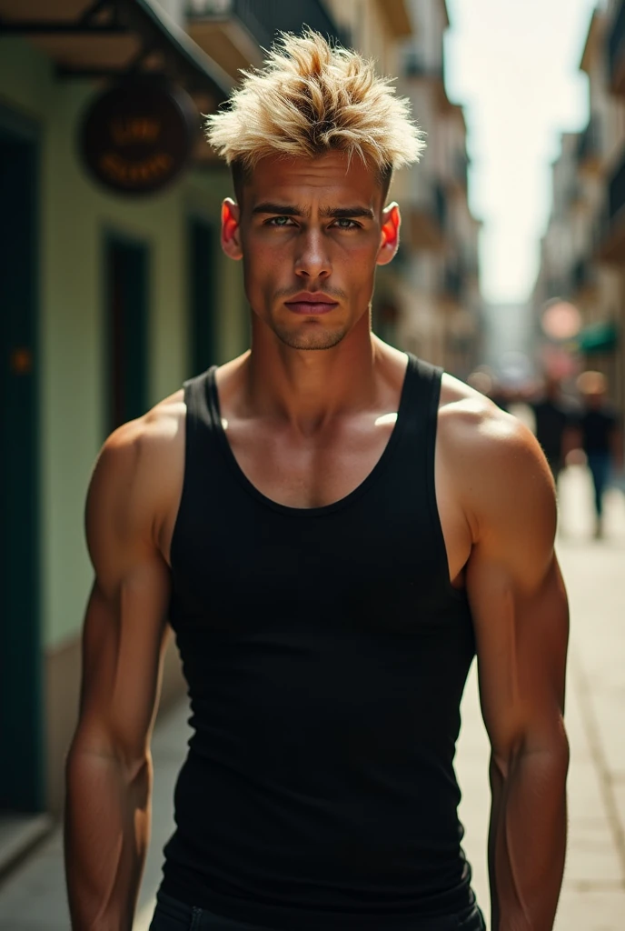 blonde young man, green eyes, dark circles under eyes, big nose, big and thick lips, sharp jawline, thick neck, slightly muscled, veiny arms, veiny hands, big hands, wearing black tank top