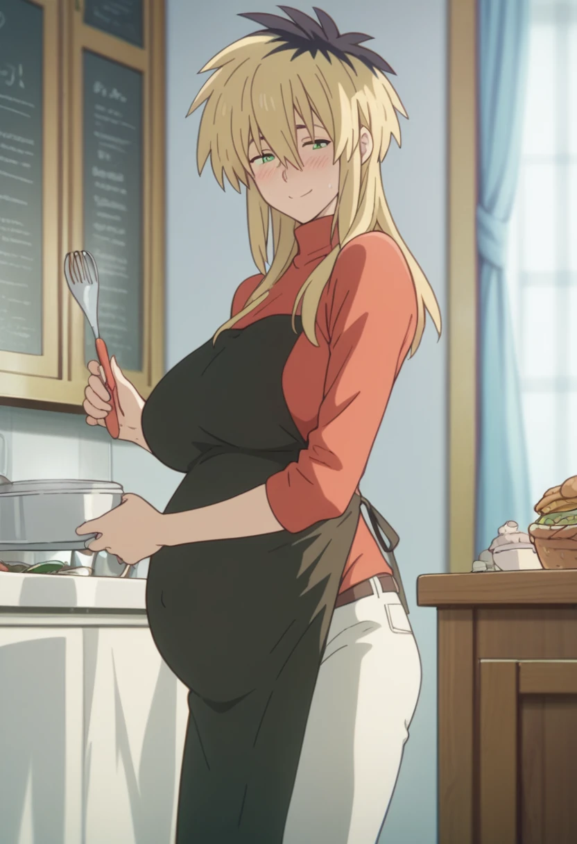 Huge breasts、Long chest、blush、Sweat、In the heat、Miyako Ishida, long hair, bangs, blonde hair, black hair, hair between eyes, green eyes, multicolored hair, two-tone hair,
apron, sweater, turtleneck, red sweater, black apron, pants, denim,smile、Eyes half closed、Are standing、bedroom、
{Highest quality}, {so beautiful}, {Very detailed}, {Best illustrations},Pregnant women、From the side