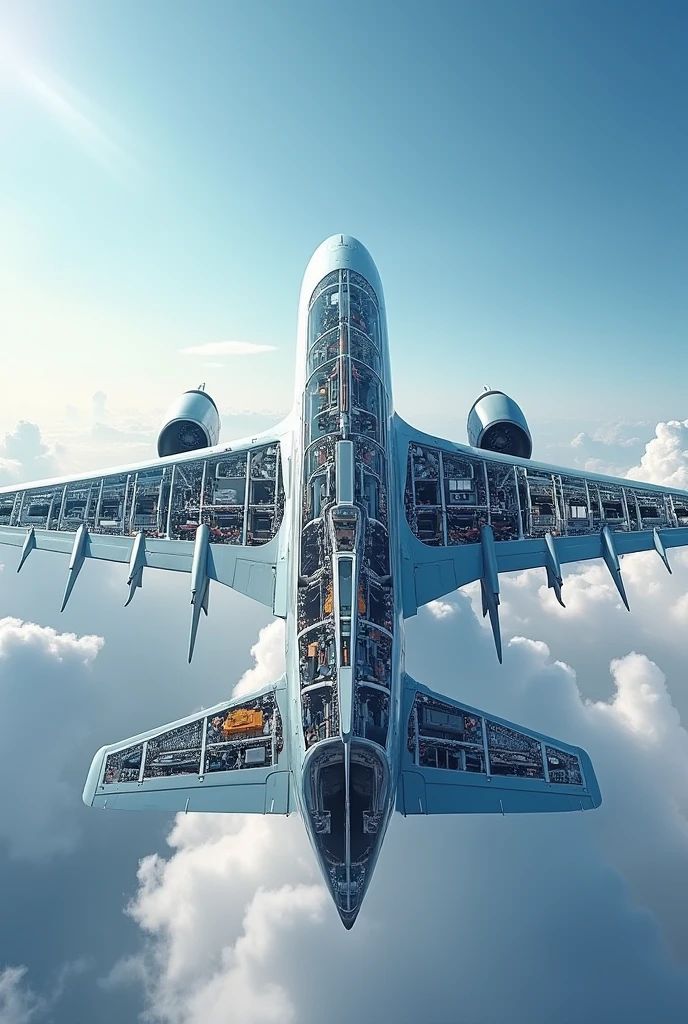 (cover page), real, aircraft or spacecraft,magazine cover, aerospace, creative, gives a feel of being aerospace engineer,classic image, superiority of aerospace industry, , left side of image skeleton , right side of the image external structure, patches of showing internal parts of the aircraft, point of view as 30 degree above front view, sky background