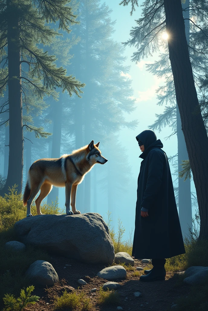 A wolf standing  on the rock with the side of man looking towards the sky ,the man wearing black Mask looking downward and hide face with  Coat cap, background is forest with long trees and blue sky,  