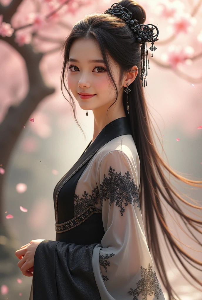 Can you talk a girl who is the wearing a Chinese traditional dress and her dress was beautiful silky and shiny dress with colour is back and white and jewellery who is this Chinese traditional jewellery the colour of jewellery colour
also black and say has a pretty face with beautiful signing eyes and long hair with silky make a heartful body picture can create a full body I mean her bottom body