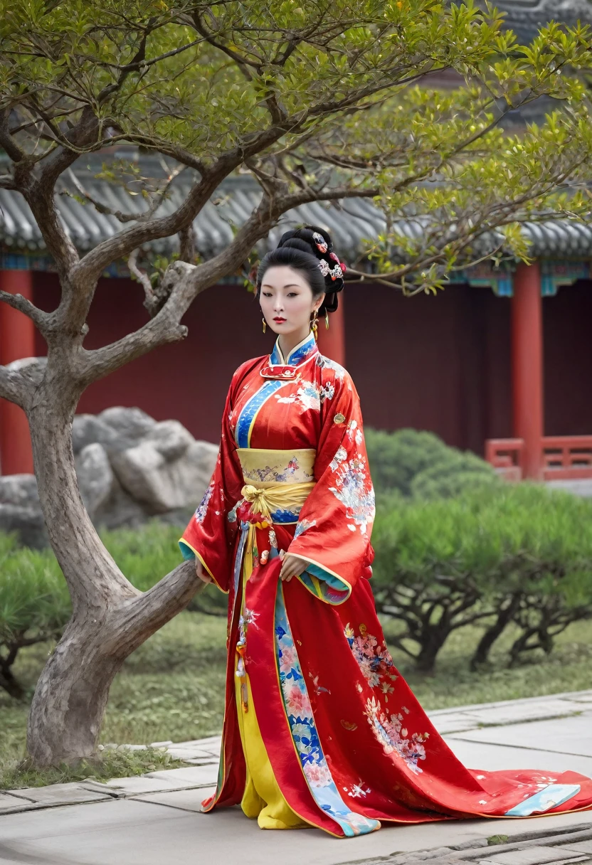 Full-body figure seen from the front
Qing dynasty empress on all fours outside the Qing dynasty Chinese palace wearing Manchu clothing with red garish floral pattern Manchu clothing open in front Manchu crotch showing dewy path from Manchu
Chest and bare and dewy.
The head is adorned with large flowers and her hair is tied uplled back.
Erotic woman'sreasts and stomach e and exposed,
Her hair is tied up in a knot in the frr hair is tied and pulled up, and she is not wearing panties, her cunt hair is showing e front