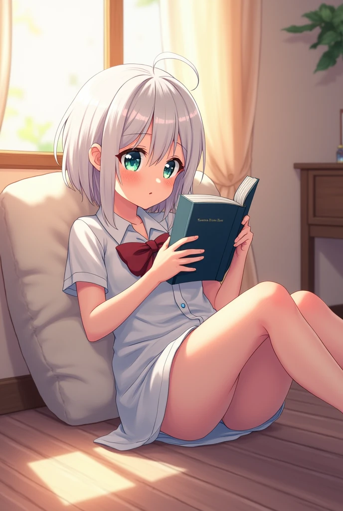 anime style, young adult woman, with one blue eye and one green eye, short white hair.
The woman is lying face up on the floor, with the head resting on a pillow.
Her legs are raised and resting on the wall., creating a right angle with your body.
He is holding a book with both hands, which is reading in a relaxed manner.