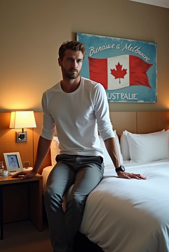 Homme caucasien grand de taille, charmant, un peu costaud, habillé en pantalon et tee-shirt manche longue, assis ou adossé sur une table dans une grande chambre d'hôtel, sur la table qu'il y ait également un papier mouchoir déjà utilisé sur la table et sur le lit de l'hôtel qu'il soit déposer un cadre photo grand ou moyen qu'il est possible de faire arrêter sur le lit et faire face à la caméra et sur le mur du chevet du lit un tableau sur lequel il est écrit en français : Bienvenue à Melbourne AUSTRALIE et autour de la phrase qu'il y ait les emblèmes du Canada Québec ou le drapeau du Canada Québec