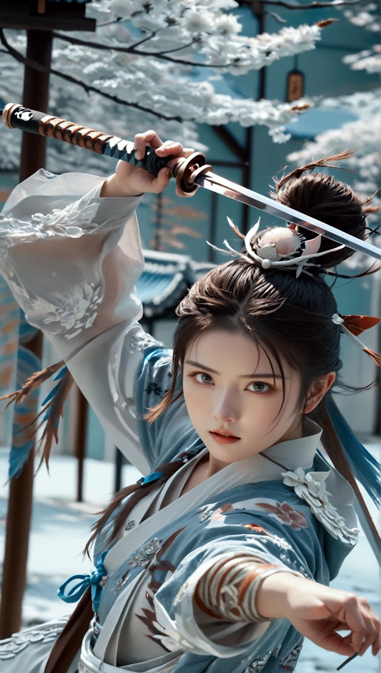 (Japanese sword &reference;Muramasa 2&reference;.2)Beautiful 27 year old woman、Japanese women、Tie your hair back、Hair ornament artist、Shinobi Costume、Warrior、Clear Eyes、{Arm tattoo(SakuraFubuki}'Back Tattoo、Warrior、(Japanese swordを両手で構える、1.3)(Japanese sword1.2)Intermediate position、In front of the body、(Holding a sword horizontally 1.3)、whole body、Long Blade Sword、Realistic battle scenes、敵Warriorの返りBlood、Blood、High resolution、Highest quality、Very detailed、8k、background、The castle is burning、Sparks fly、