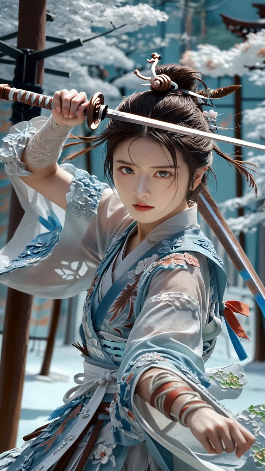 (Japanese sword &reference;Muramasa 2&reference;.2)Beautiful 27 year old woman、Japanese women、Tie your hair back、Hair ornament artist、Shinobi Costume、Warrior、Clear Eyes、{Arm tattoo(SakuraFubuki}'Back Tattoo、Warrior、(Japanese swordを両手で構える、1.3)(Japanese sword1.2)Intermediate position、In front of the body、(Holding a sword horizontally 1.3)、whole body、Long Blade Sword、Realistic battle scenes、敵Warriorの返りBlood、Blood、High resolution、Highest quality、Very detailed、8k、background、The castle is burning、Sparks fly、