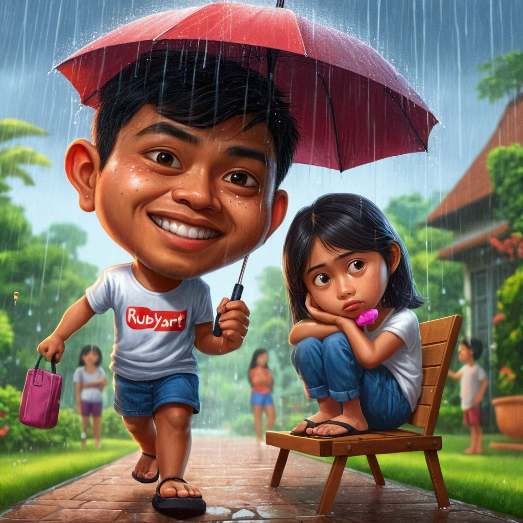 a 25 year old Indonesian young man wearing a t-shirt that says "RUBYART", shorts and flip flops carrying an umbrella, he is holding an umbrella over a 23 year old girl wearing a tank top who is sitting on a park chair with a sad expression. background in the garden with a rain effect in the afternoonthat looks real. high quality images, high resolution,