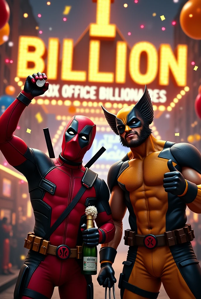 "Deadpool and Wolverine stand together in a jubilant celebration, surrounded by confetti and balloons, in front of a massive golden '1 Billion' sign. Deadpool is holding a party popper in one hand and a champagne bottle in the other, with his signature sarcastic grin. Wolverine, with his claws partially extended, is holding a beer in one hand and giving a casual thumbs-up with the other. The backdrop shows a marquee with the words 'Box Office Billionaires.' The scene is full of energy, with both characters in their iconic costumes."