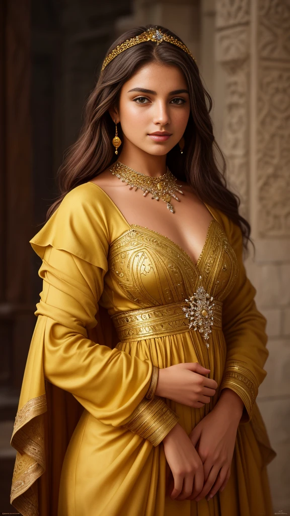 Masterpiece, upper body portrait, girl, middle ages, Yellowish saffron dress slik smooth Arabian style, classicism, andrey atroshenko style, painting, traditional media, realistic, figurative, fine art, oil on canvas, HDR, 8K, original character, high resolution, high detail, focus on the face, intricate, flawless. The background should be a magical swirl few dust small white amber blue flower