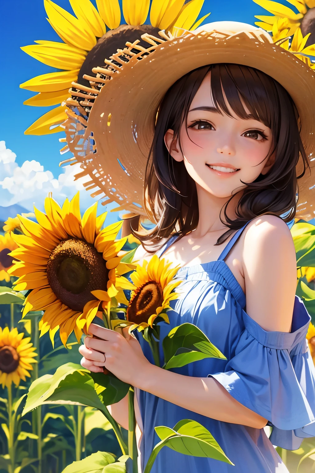 Beautiful brown haired girl smiling in a straw hat in a sunflower field in the shining summer sun