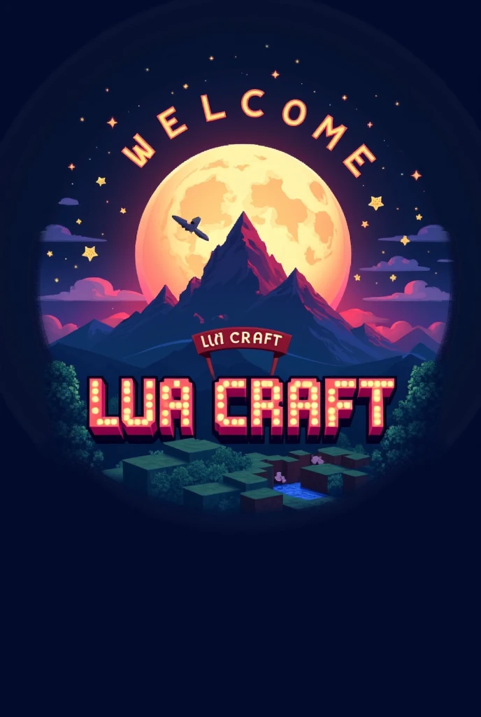 A logo for a Minecraft server named "Lua Craft" in Minecraft style with a beautiful square and large moon in the background along with a mountain with a Hollywood-style sign written " Lua Craft", in square letters and in the sky fireflies writing the word "WELCOME" and in square proportion 
