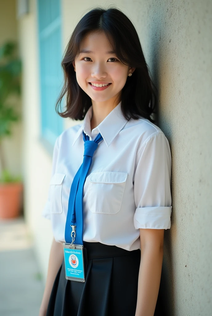 ผู้หญิงอาราฟWear a white shirt.และกระโปรงสีดำพิงกำแพง, a picture inspired by Ni Yuanlu, Flicker, Guessing at the Alset, young asian girl, little cute smile, young asian woman, Wear a white shirt., Wear a white shirt., A bright blue tie with the Kalasin Vocational College emblem at the end., Hanging a blue student ID lanyard, IT student girl, young woman wearing uniform