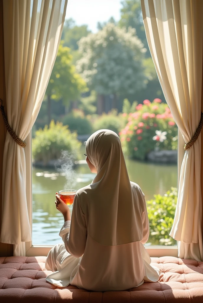 A beautiful scenery seen through window, white long curtains , bright sunlight,a pond and a flower garden is seen through the window,a lady is sitting in the garden, wearing a off-white colour hijab,back view , a steamy cup of tea in her hand,outside view of the window is clear, calm and peaceful