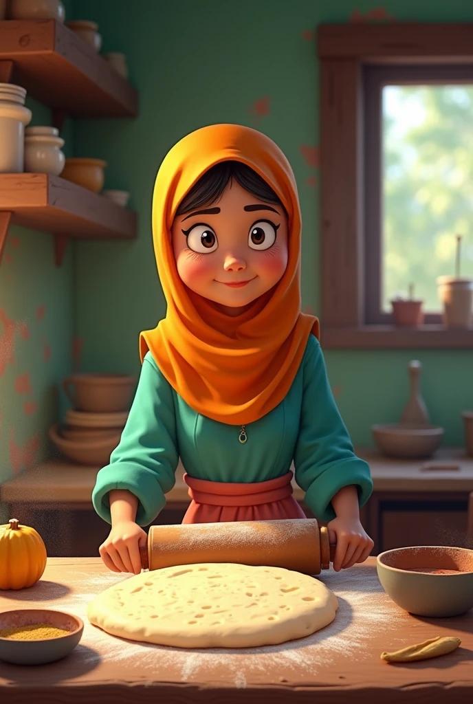 cartoon  hijabi girl making a roti in poor kitchen while she is whiping