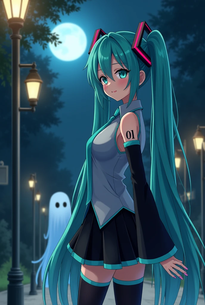 Anime art, anime style, detailed drawing, beautiful forest background background, high definition, high quality, one girl, solo, Hatsune Miku, aqua hair, twin tails, head ornament, headphones, number tattoo "01" (red, located on her right hand), grey sleeveless collared shirt, black detached sleeves with aqua lines, five fingers with aqua nails, aqua necktie, black pleated mini skirt with aqua lines, zettai ryouiki, thigh-high black boots with aqua lines.

Get example from this image: https://pokestorys.fandom.com/es/wiki/Miku_Hatsune?file=Miku_Hatsune.png

Miku Hatsune alone in the night, she is at the bustop, there's ghost in the left