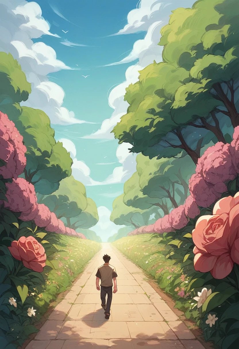 a boy is walking in the path and the sides of the path is full of flowers and the sky is pink and purple