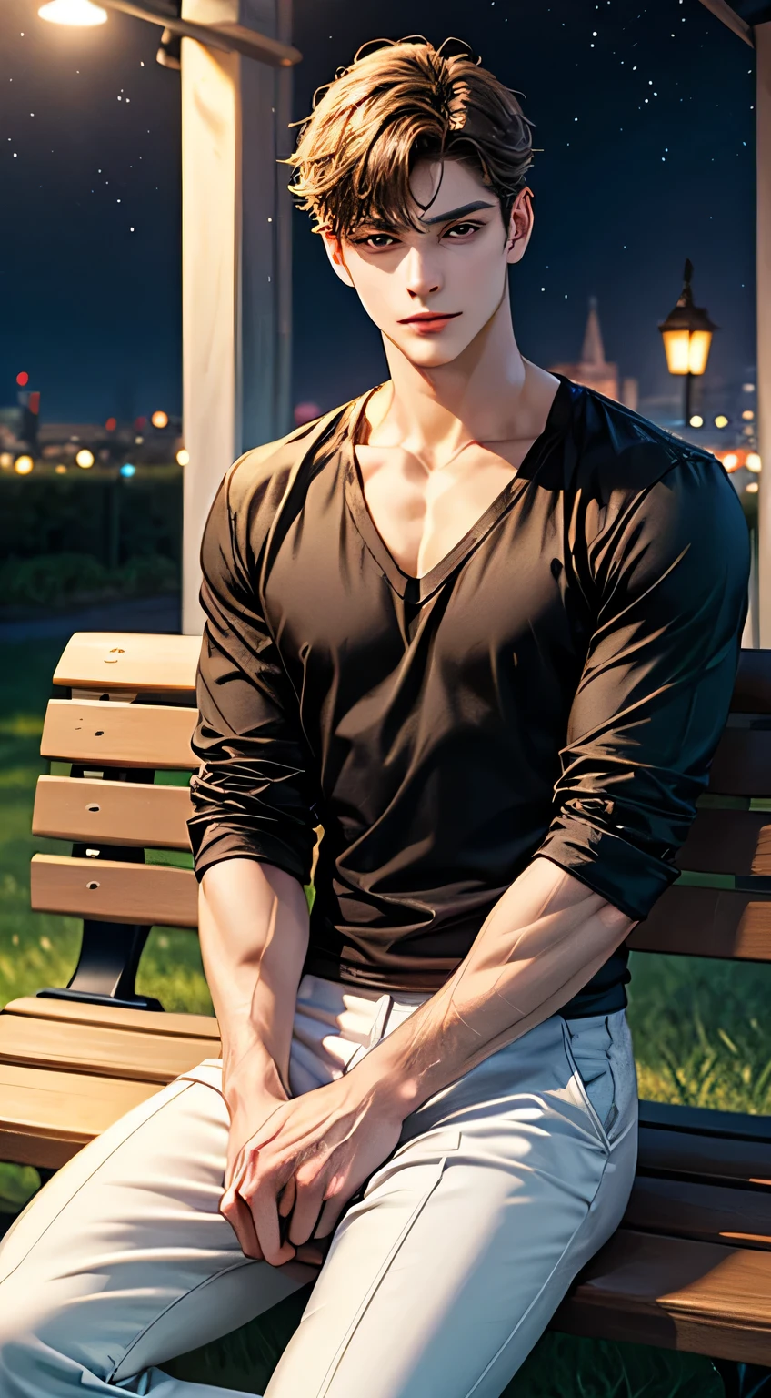 (hight resolution)、masterpiece、top-quality、beautiful and beautiful boy、Dark brown shorthair、Wearing a black V-neck shirt and long white pants:1.5、sit on a bench、Looking at Viewer、Night、a park