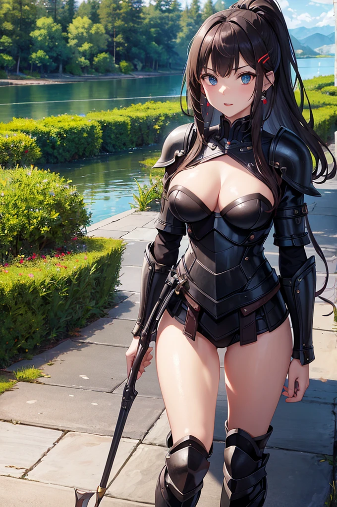 A beautiful girl in armor standing on a path near a lake, hxarmour, 1 girl, armour, (black armour:1.3), mountain, walking, big rounds breasts, intimidating look, glossy lips, dark brown hair, long bangs, long hair, ponytail, wavy hair, expressive hair, shiny hair, hairclip, glowing eyes, pupils sparkling, earrings, fangs, serious, red lips, aqua eyes, high detail, anime, Carl Larsson, anime style, depth of field, cinematic lighting, dithering, image fill, wide shot, perspective, panorama, Wide-Angle, f/1.8, 85mm, Nikon, UHD, retina, masterpiece, accurate, anatomically correct, textured skin, high details, best quality, highres, 16k