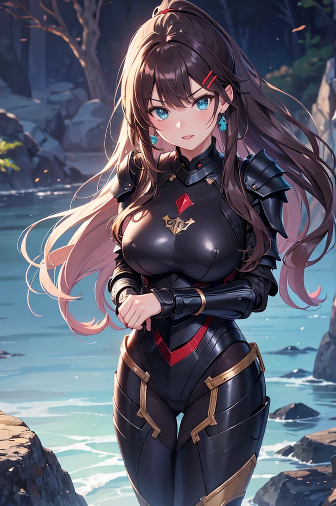 A beautiful girl in armor standing on a path near a lake, hxarmour, 1 girl, armour, (black armour:1.3), mountain, walking, big rounds breasts, intimidating look, glossy lips, dark brown hair, long bangs, long hair, ponytail, wavy hair, expressive hair, shiny hair, hairclip, glowing eyes, pupils sparkling, earrings, fangs, serious, red lips, aqua eyes, high detail, anime, Carl Larsson, anime style, depth of field, cinematic lighting, dithering, image fill, wide shot, perspective, panorama, Wide-Angle, f/1.8, 85mm, Nikon, UHD, retina, masterpiece, accurate, anatomically correct, textured skin, high details, best quality, highres, 16k