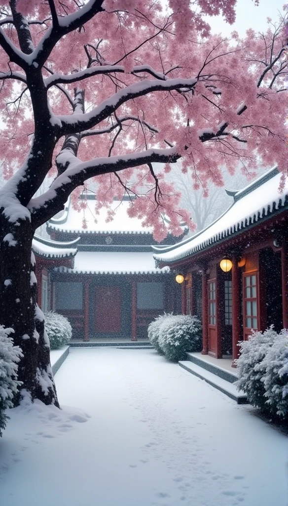 （Blurred foreground：heavy snow：2.0，），（Plum blossom falls：1.6），，），（The middle of an elegant courtyard，Plum tree），（Bellows：1.5），（Wide Angle，Ultra HD细节，masterpiece, Ultra HD, Super Detail, High Detail, best quality, high resolution, Awards, 8K），（Chinese advanced color scheme，Movie Lighting）