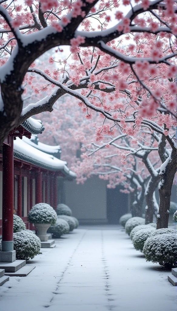 (Blurred foreground:heavy snow:2.0,),(Plum blossom falls:1.6),,),(The middle of an elegant courtyard,Plum tree),(Bellows:1.5),(Wide Angle,Ultra HD细节,masterpiece, Ultra HD, Super Detail, High Detail, best quality, high resolution, Awards, 8K),(Chinese advanced color scheme,Movie Lighting)