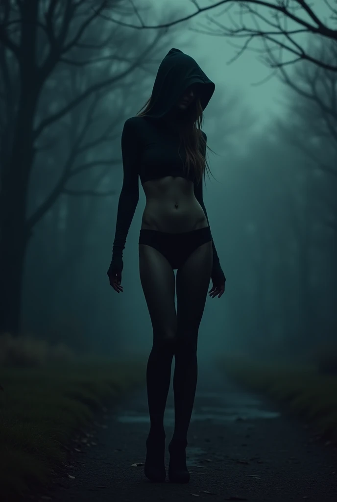 high, Very thin, A skinny, slender girl., in tights all over her body and with a hood. naked , fatty, highly shiny body on a very dark night, Dim lighting at dusk, dark fantasy,in heels