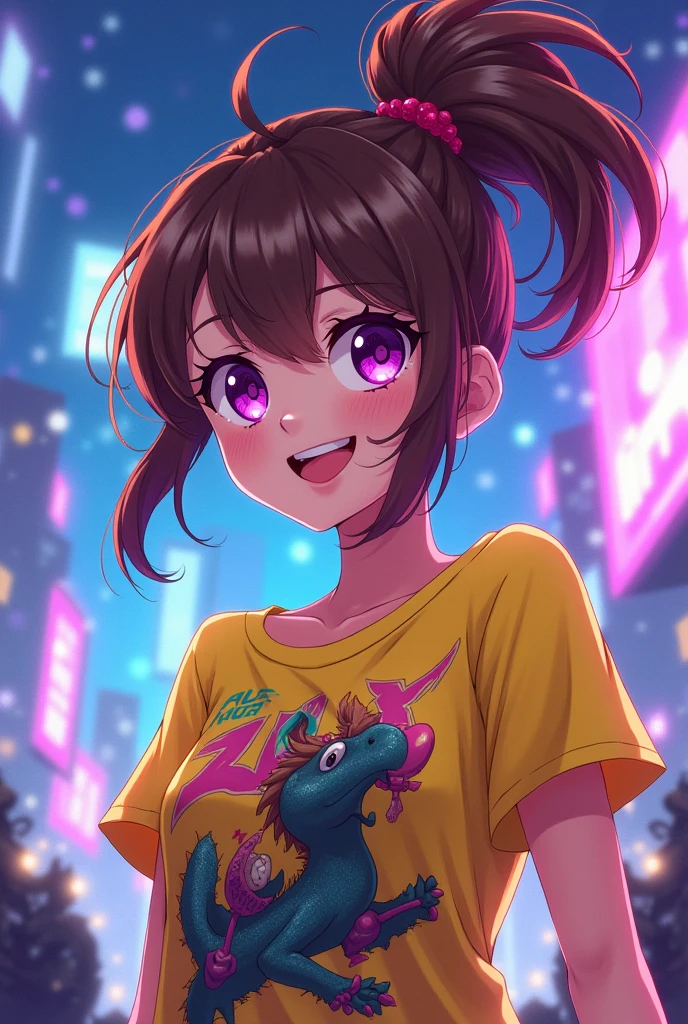 Gamer , Anime girl , brown hair colour , ponytail hair style , yellow T-shirt , purple eyes , empty eye lens , uncaring eye , smile