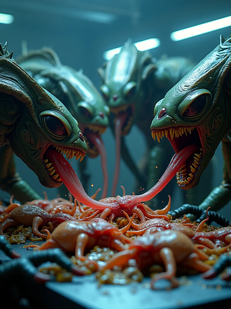 A striking cinematic sci-fi scene featuring a close-up of grotesque alien creatures and insect-like monsters gathered around a table. They are devouring a variety of strange, otherworldly animals, with sharp claws and mouths dripping with slimy saliva. The table is adorned with futuristic silverware and a backdrop of neon lights and advanced technology. The overall atmosphere is dark, eerie, and intense, with a sense of tension and danger., cinematic