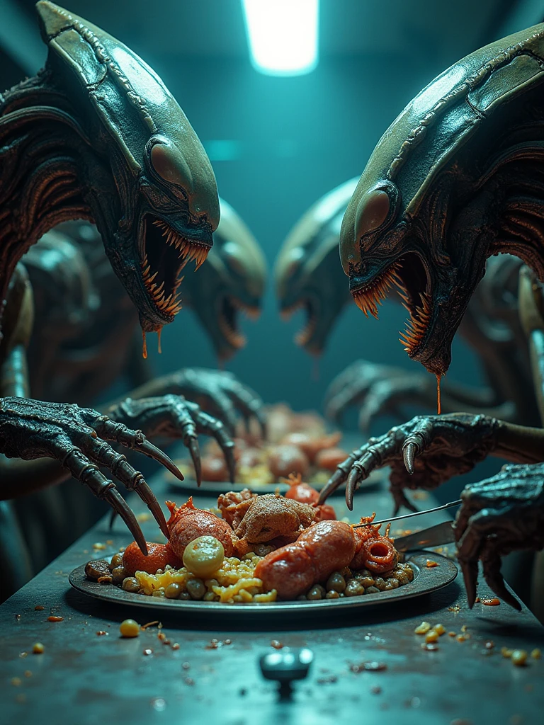 A striking cinematic sci-fi scene featuring a close-up of grotesque alien creatures and insect-like monsters gathered around a table. They are devouring a variety of strange, otherworldly animals, with sharp claws and mouths dripping with slimy saliva. The table is adorned with futuristic silverware and a backdrop of neon lights and advanced technology. The overall atmosphere is dark, eerie, and intense, with a sense of tension and danger., cinematic