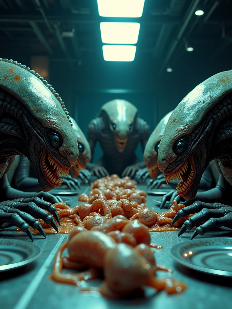 A striking cinematic sci-fi scene featuring a close-up of grotesque alien creatures and insect-like monsters gathered around a table. They are devouring a variety of strange, otherworldly animals, with sharp claws and mouths dripping with slimy saliva. The table is adorned with futuristic silverware and a backdrop of neon lights and advanced technology. The overall atmosphere is dark, eerie, and intense, with a sense of tension and danger., cinematic