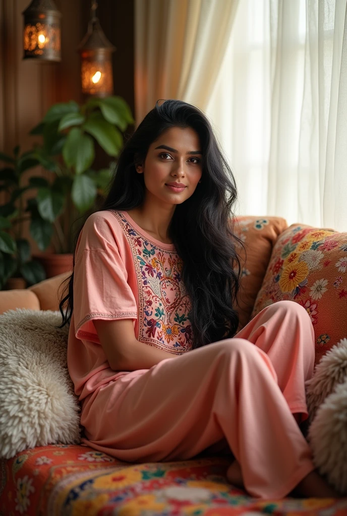 an beautiful pakistani women wearing a oversized tshirt and a pajama 