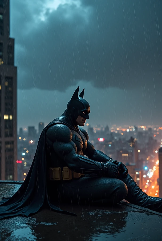 at night Batman just chilling on top of the building listening to music while it's raining heavily. In the background we see city skyline at night. Cozy