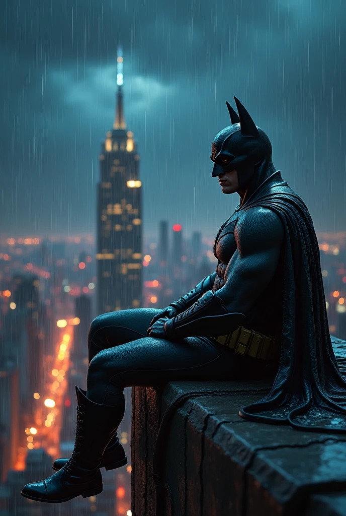 at night Batman just chilling on top of the building listening to music while it's raining heavily. In the background we see city skyline at night. Cozy
