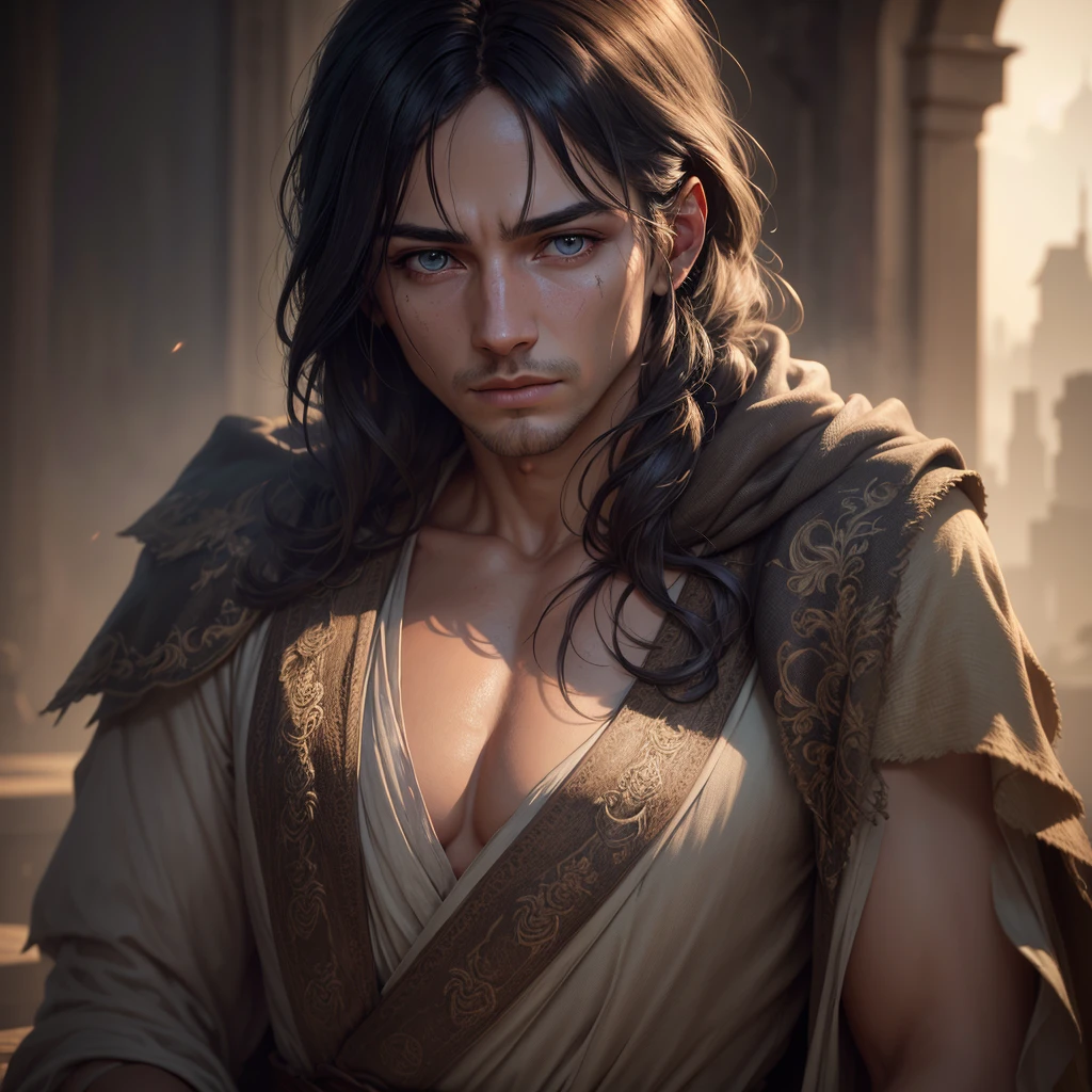 a male cleric with a worn,somewhat dirty and tired but attractive robe, detailed face,en un pasto,high-quality,realistic,cinematic lighting,warm tones,masterpiece,(best quality,4k,8k,highres,masterpiece:1.2),ultra-detailed,(realistic,photorealistic,photo-realistic:1.37),detailed eyes,detailed lips,extremely detailed face,longeyelashes,intricate details,volumetric lighting,dramatic shadows,natural colors,muted tones,soft focus,concept art