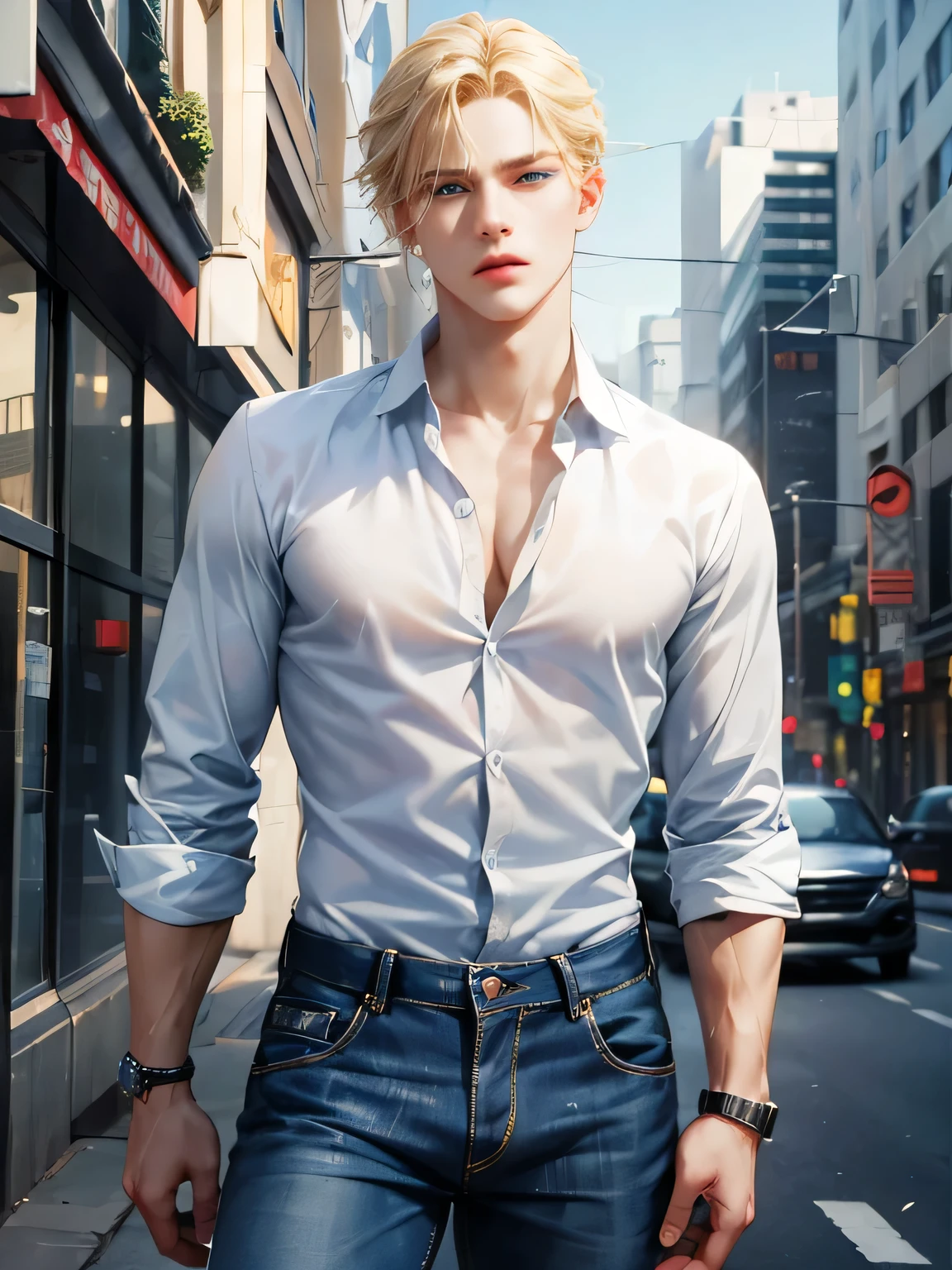 A video game character with an urban style and a realistic side touch, He has straight blonde hair, light blue eyes and white skin. His build is slim but toned.. He wears a half-buttoned button-down shirt and jeans., reflecting modern and urban vibes similar to the song "Do not let me go" de Rauw Alejandro.