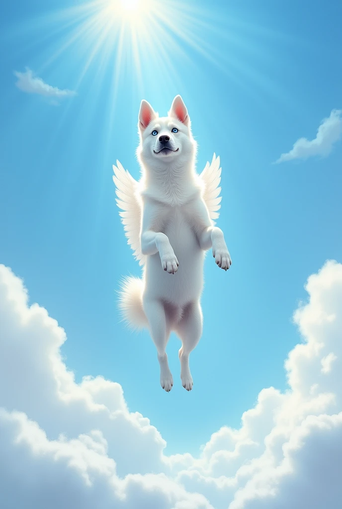 Slender white husky dog. blue eyes. levitating towards a blue sky with cotton-like clouds. He goes to heaven like an angel.