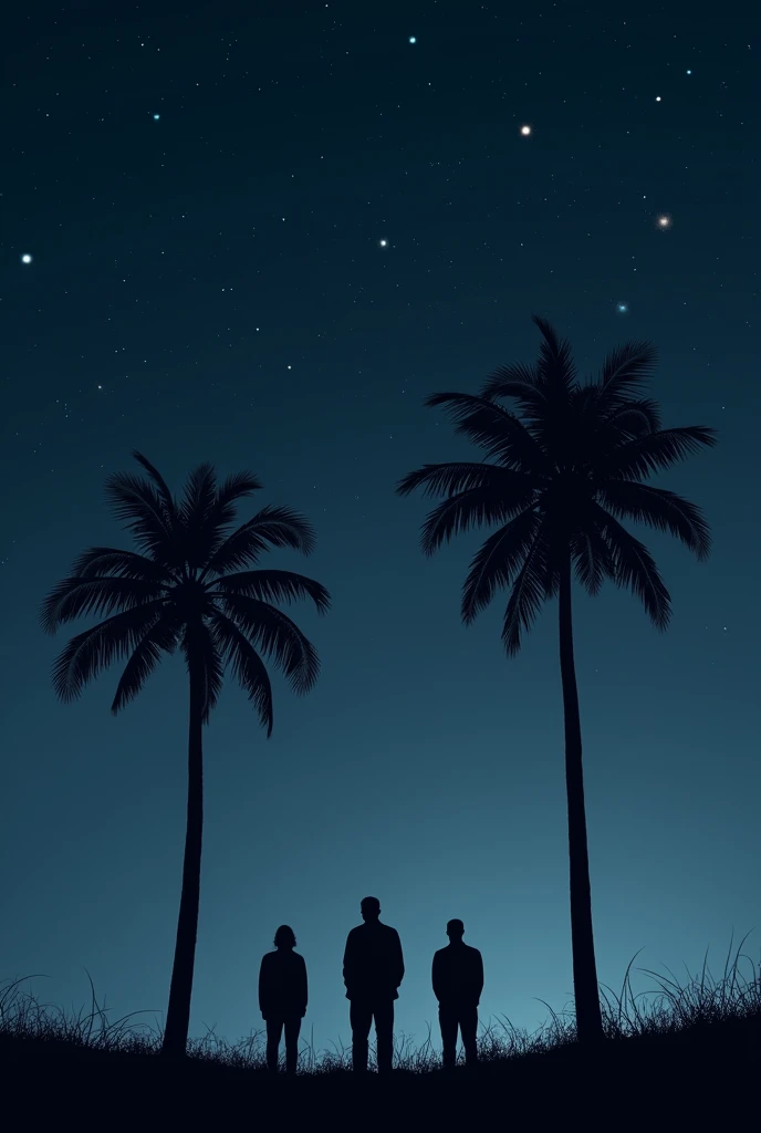 A silent uninhabited dark night and three palm trees. There are 3 black shadows under the tree